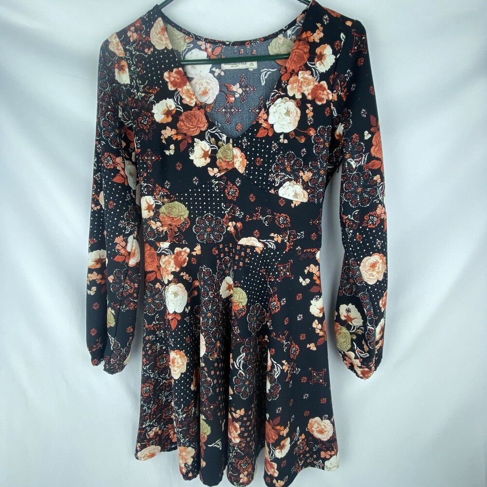 Abercrombie & Fitch Dress Womens S Babydoll Mini Flare Floral Long Sleeve‎ Fall - Picture 2 of 13